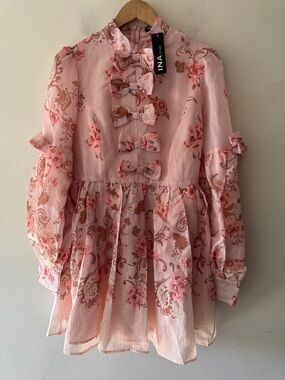 NEW!! INA Pink Floral Bow Front Sheer Mini Dress Coquette Cottagecore Romantic